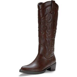 Women's Brown Tall Cowboy Boots Knee High Cowgirl Low Heel Comfy Boot